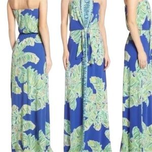 Lilly Pulitzer Rosalina maxi dress with a signature blue and green Lilly print